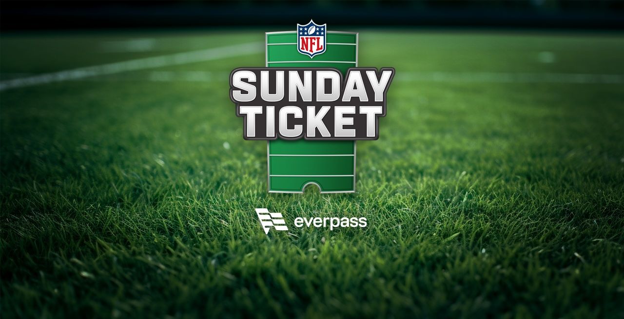 Football field background with NFL Sunday Ticket logo in the foreground